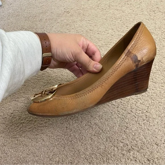 Tory Burch Peep Toe Brown / Tan Leather Wedges SIZE 8.5 - Picture 4 of 9
